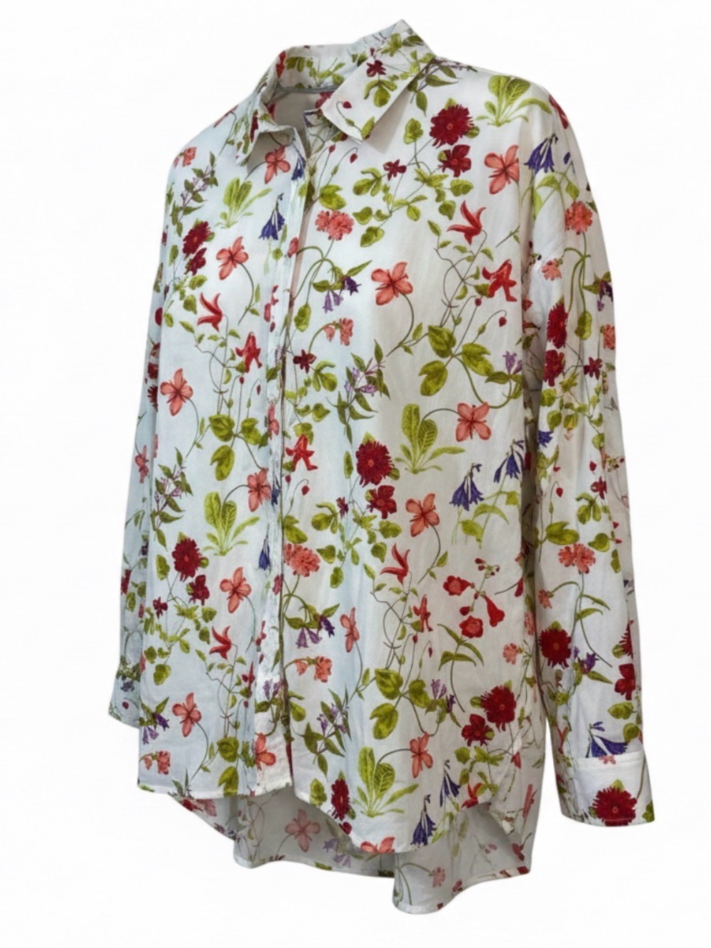 Lands’ End White Floral Button-Front Shirt - Classic Women's Top - Size Large